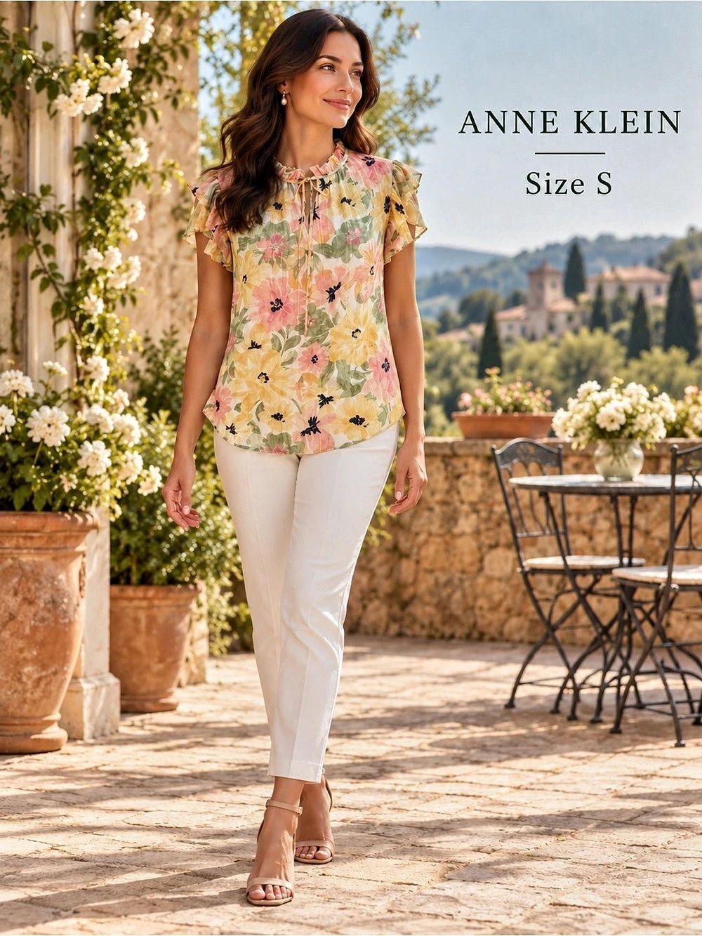 Anne Klein Floral Ruffle Neck Flutter Sleeve Blouse Size S